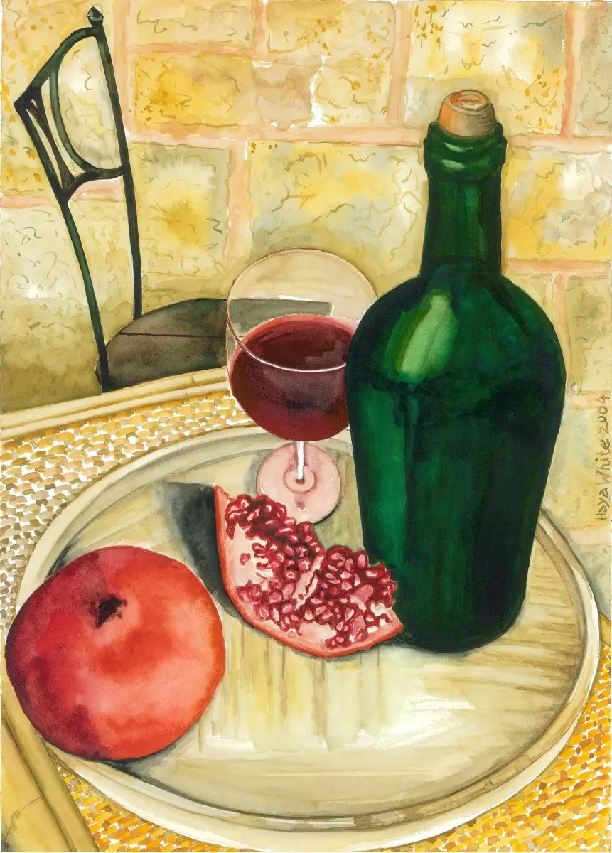 רימונים וכוס יין - חיה וייט - צבעי מים  - מק''ט: 213199
