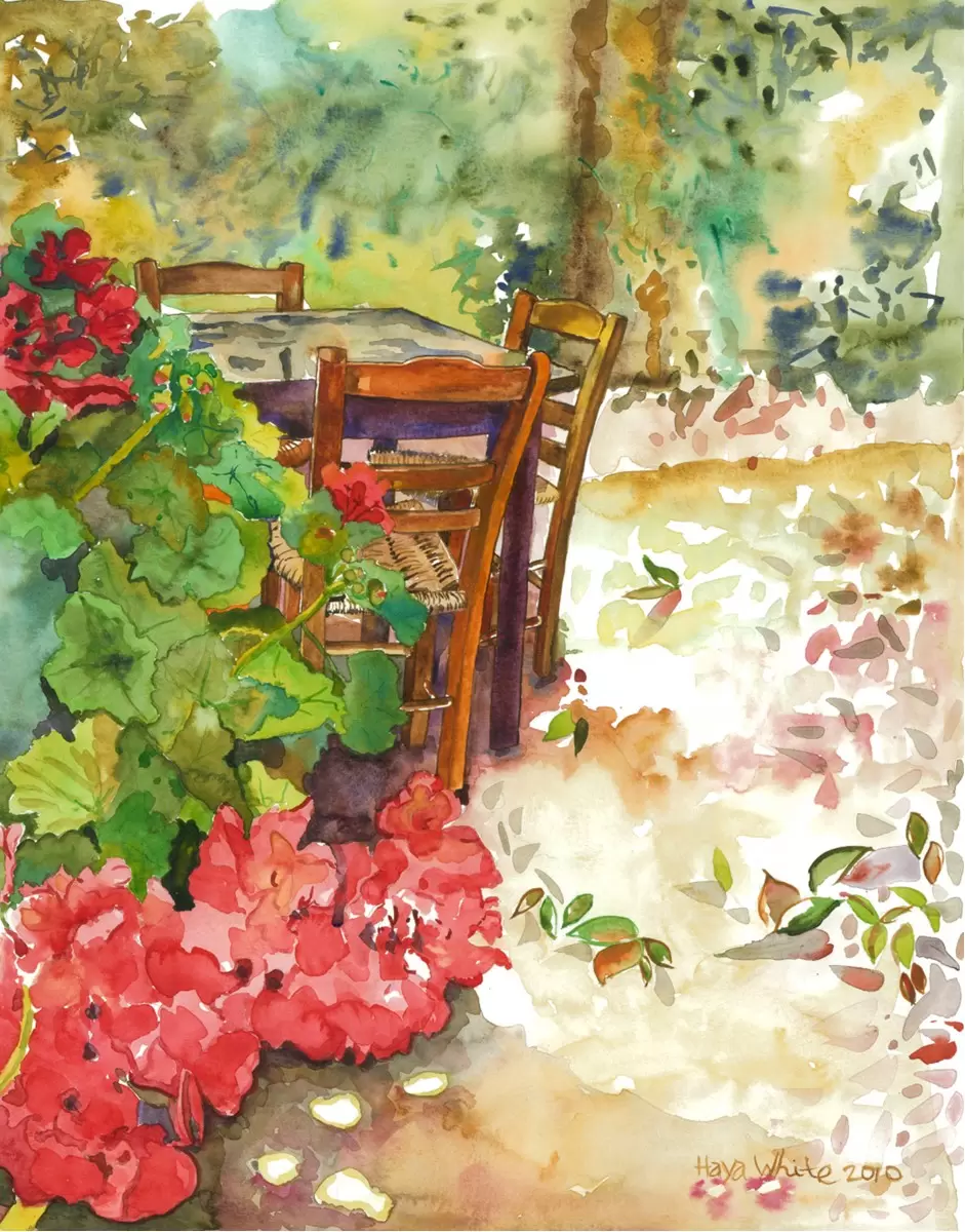 חצר גינה - חיה וייט - תמונות לסלון כפרי צבעי מים  - מק''ט: 213224