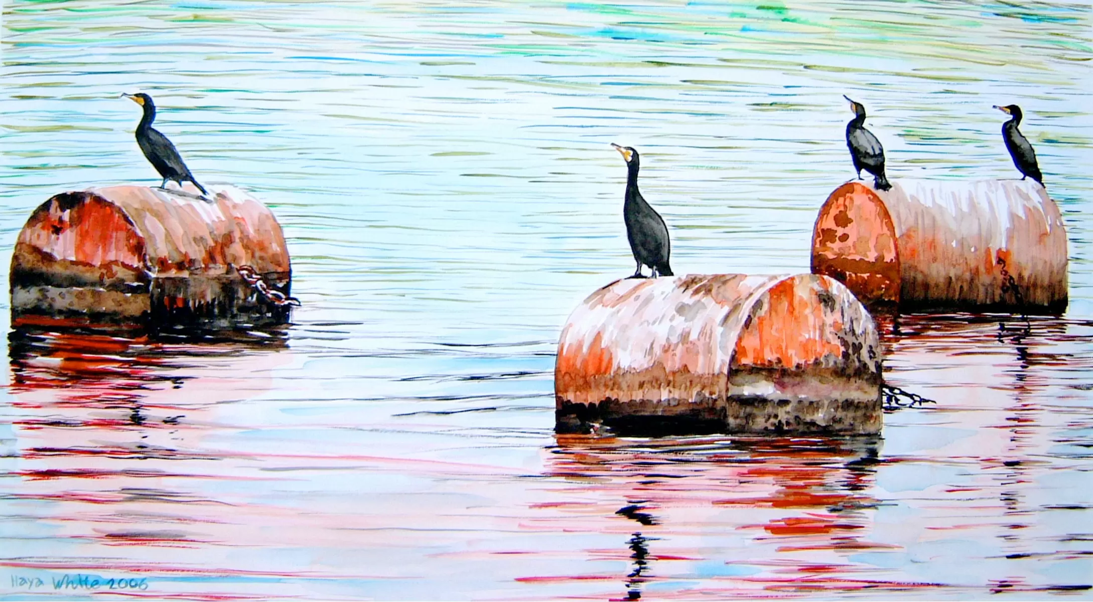עגורים על חביות במים - חיה וייט - צבעי מים  - מק''ט: 213276