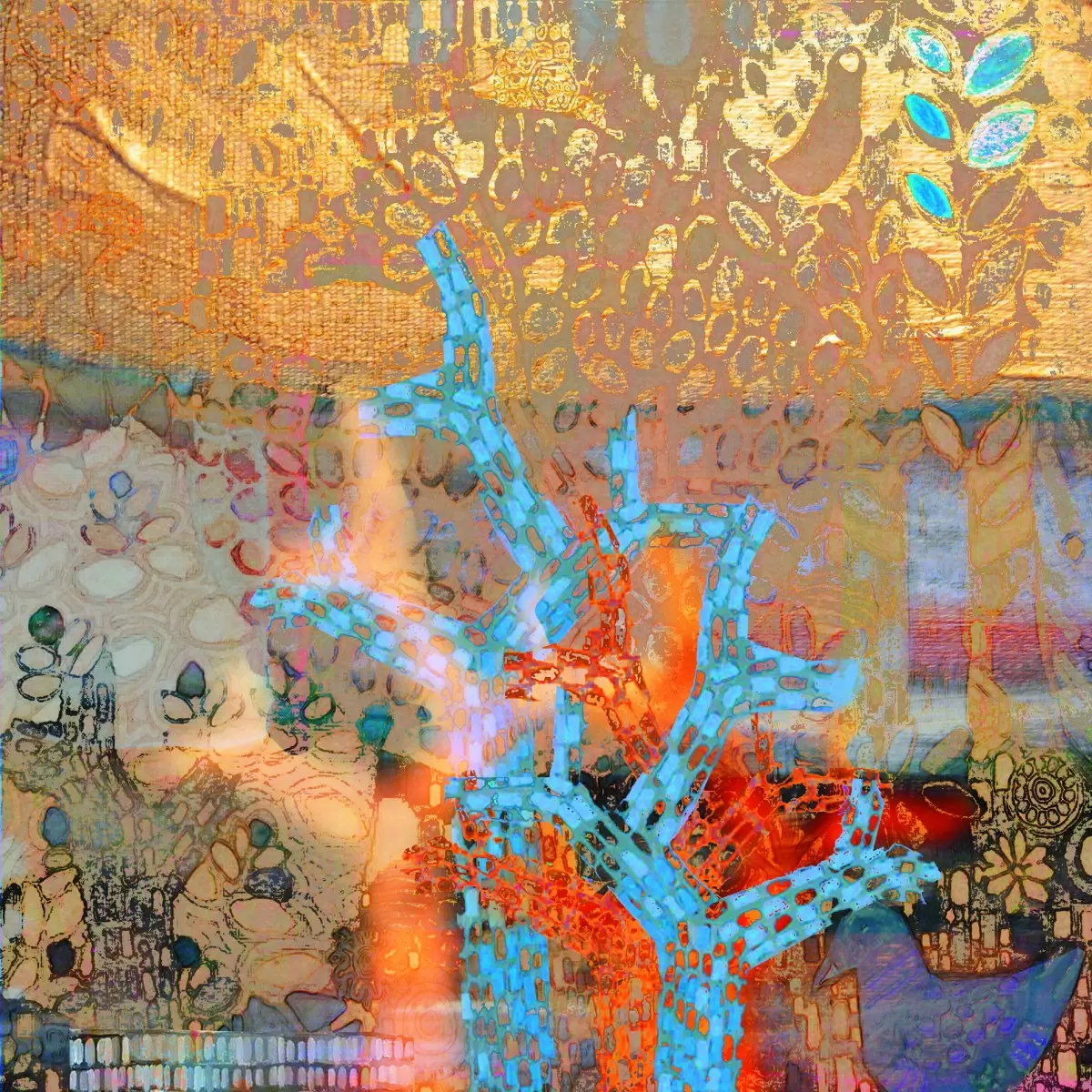 עצי פסיפס ברקע זהב - נעמי פוקס משעול - תמונות צבעוניות לחדר שינה אבסטרקט פרחוני ובוטני  - מק''ט: 53131