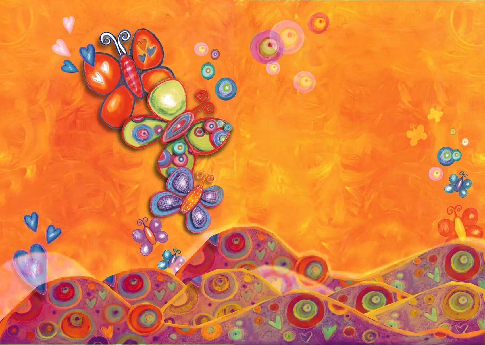 פרפרים ברקע כתום - נעמי פוקס משעול - תמונות צבעוניות לסלון מדיה מעורבת מיקס מדיה  - מק''ט: 57381